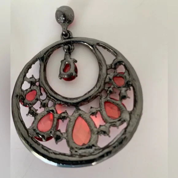 Vintage Red Jeweled Hoop Earrings Drop Rhinestones Stud Top Pierced Ears - Picture 12 of 15